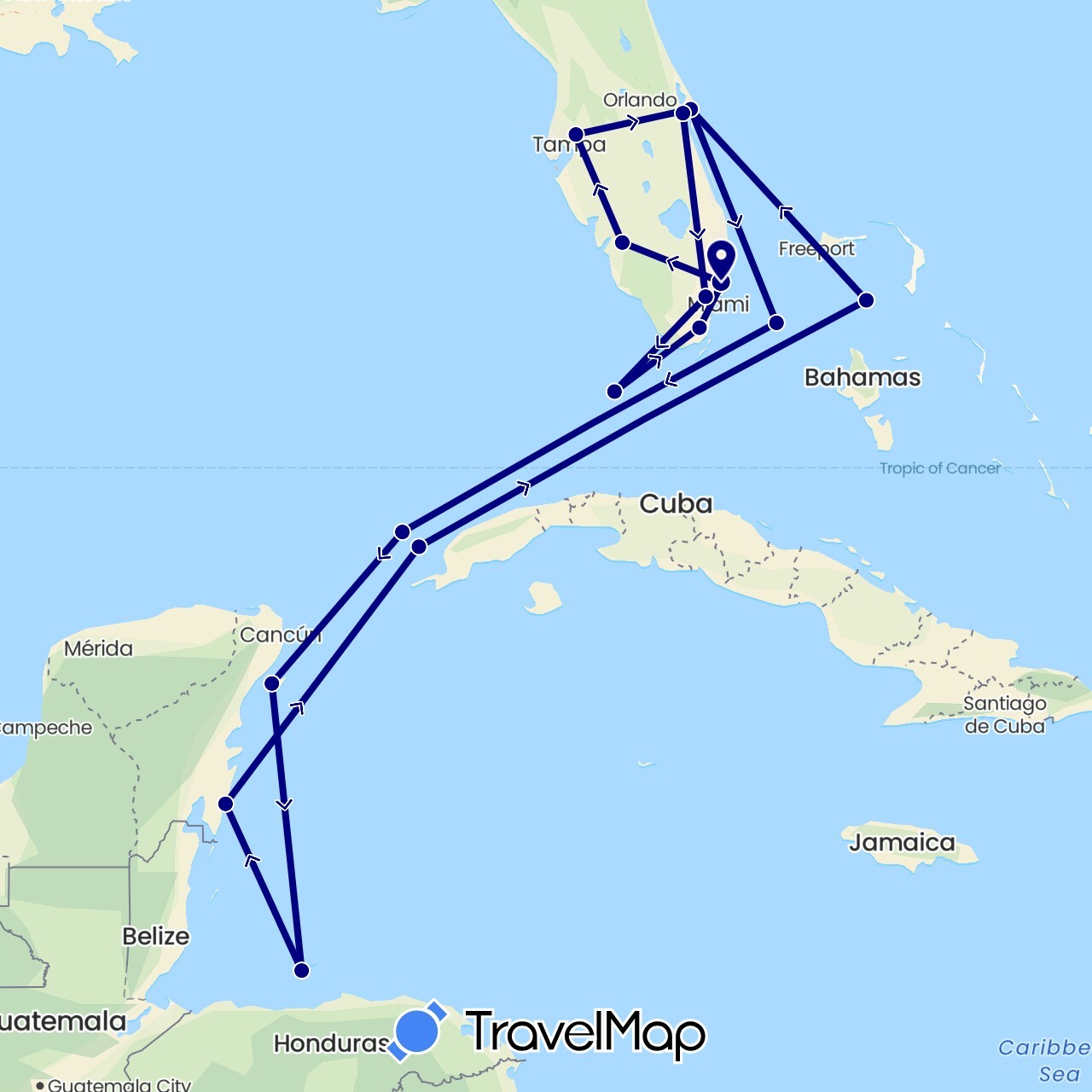 TravelMap itinerary: driving in Bahamas, Honduras, Mexico, United States (North America)
