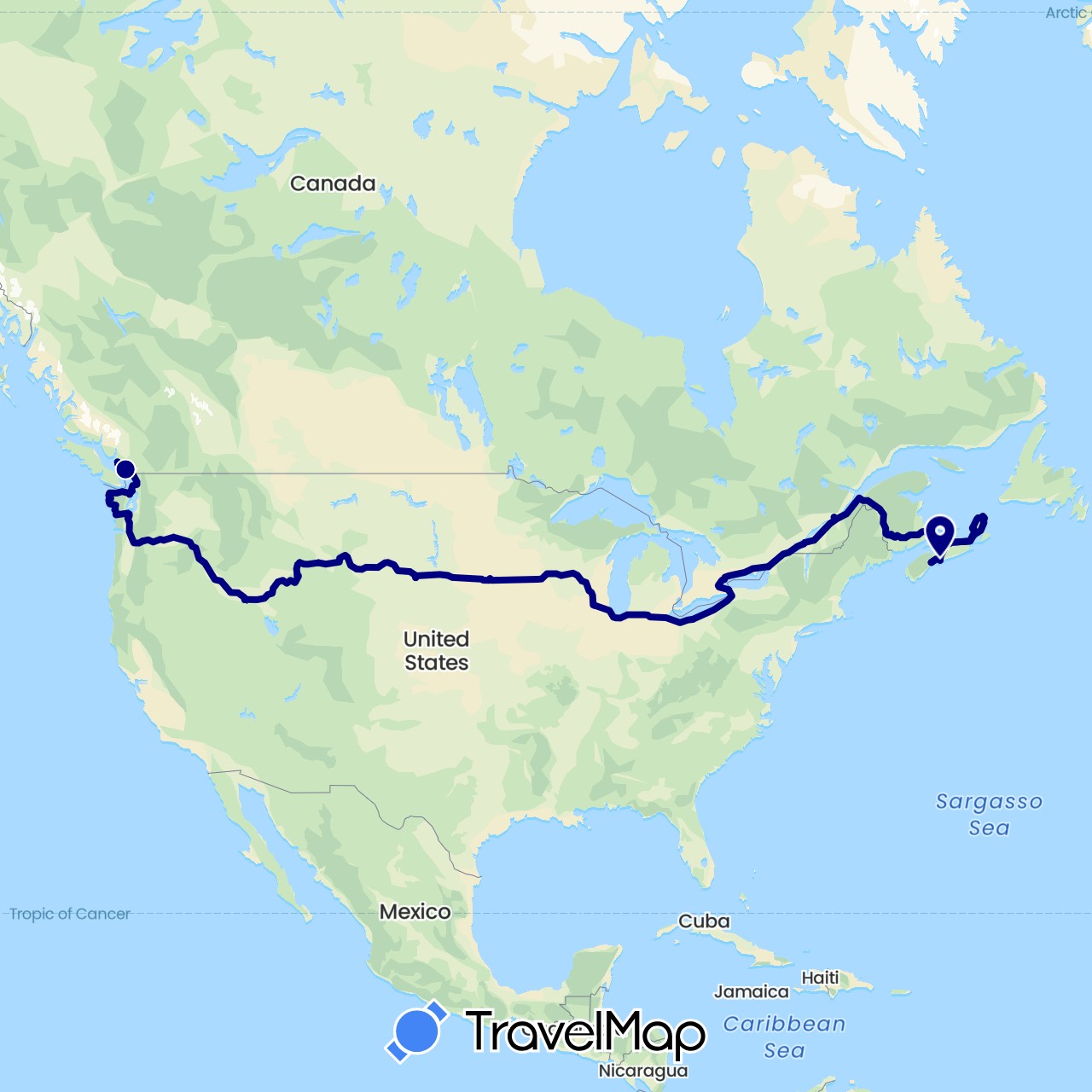 TravelMap itinerary: driving in Canada, United States (North America)